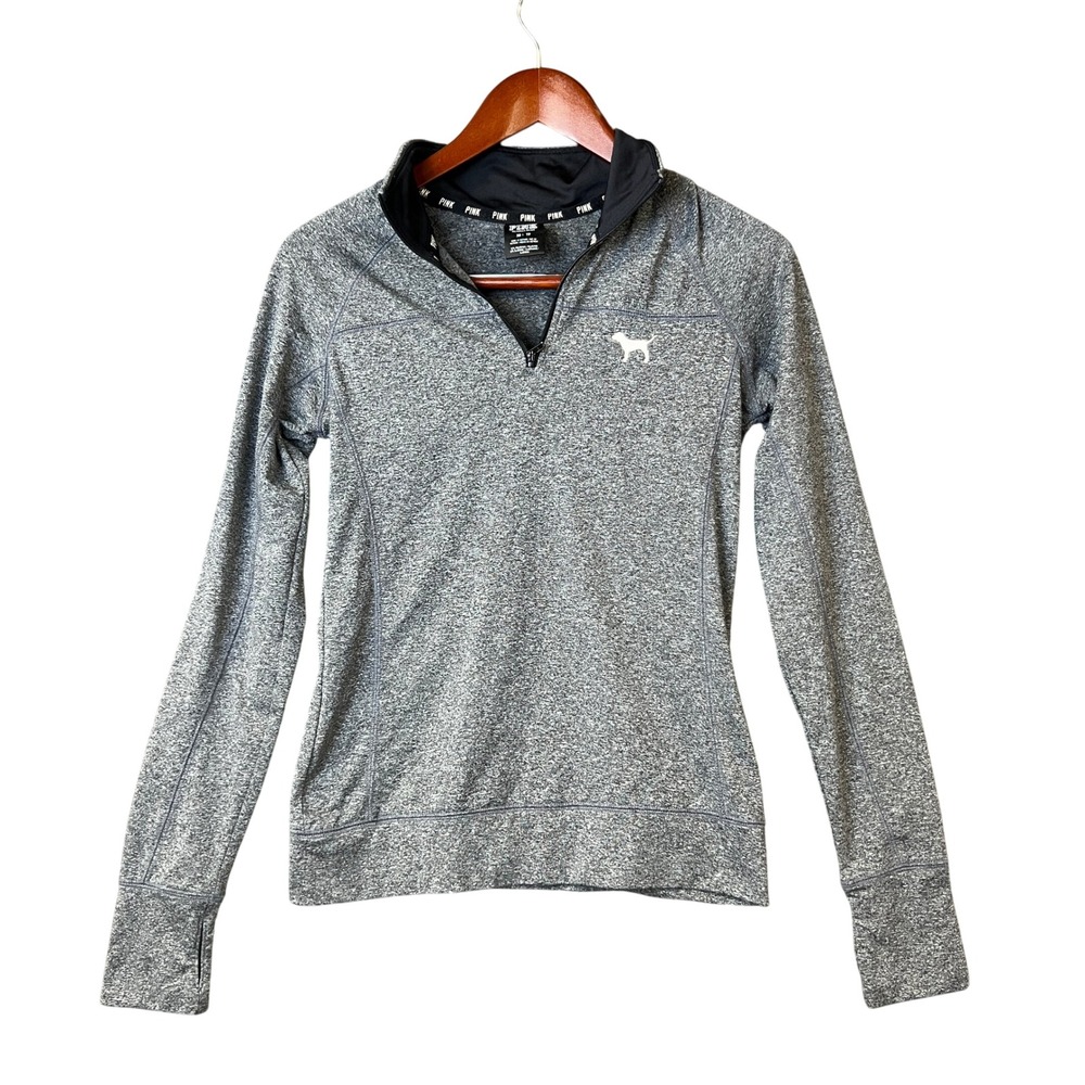 PINK Victoria's Secret Pullover Activewear‎ Thumb Hole Quarter Zip XS Gray Dog